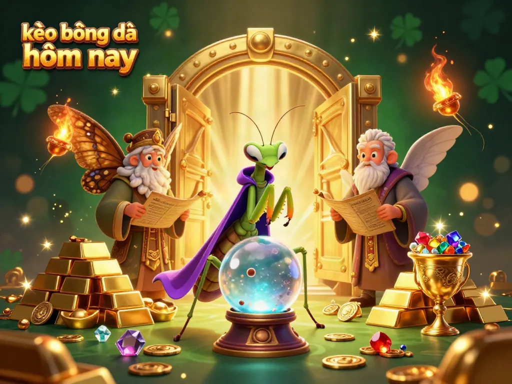 Engage with kèo bóng đá hôm nay as a cartoon praying mantis fortune teller reveals winning odds in a magical scene.
