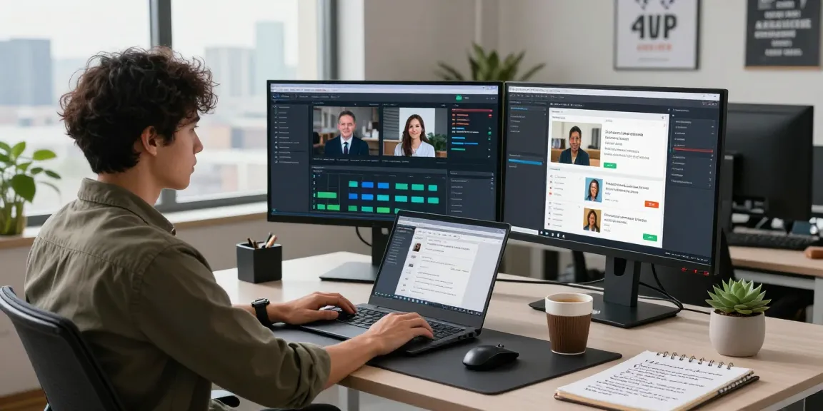 Data analyst using an AI detector for content moderation in a modern workspace.