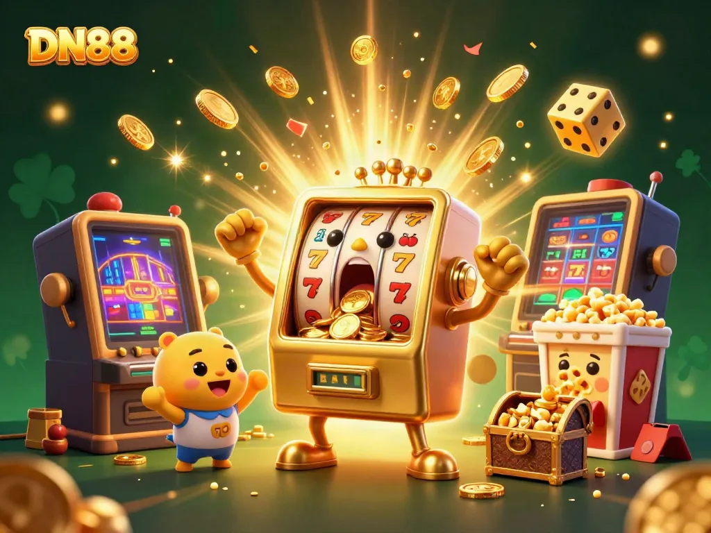 Experience the thrilling jackpot with DN88, featuring a lively slot machine celebrating its win, surrounded by colorful casino elements.