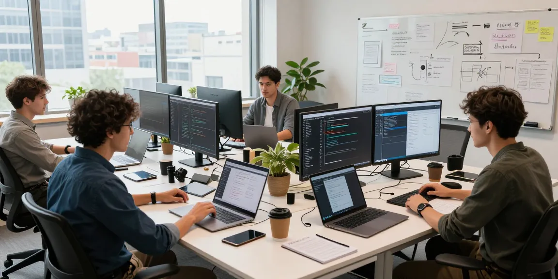 Dynamic tech workspace showcasing team collaboration on software development at teiegramin.com