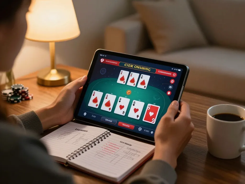 Exciting online poker gameplay on the 8day app with strategic notes and cozy atmosphere.