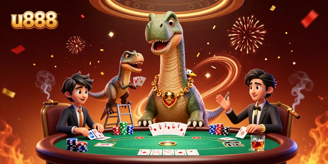 Engage with thrilling poker action at u888 with a cartoon dinosaur overseeing the game.