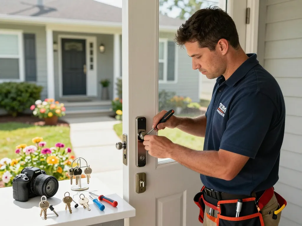 Professional locksmith palm city fl replacing a door lock on a sunny porch.