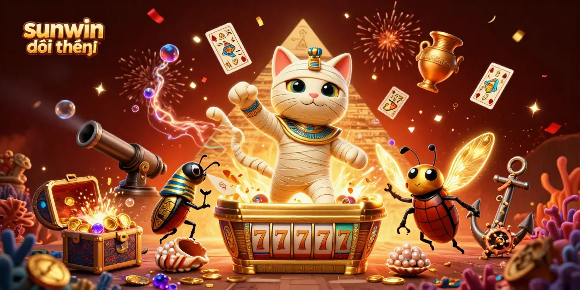 A vibrant scene of sunwin đổi thưởng with an Egyptian mummy cat, treasure chest, and slot elements celebrating in a casino