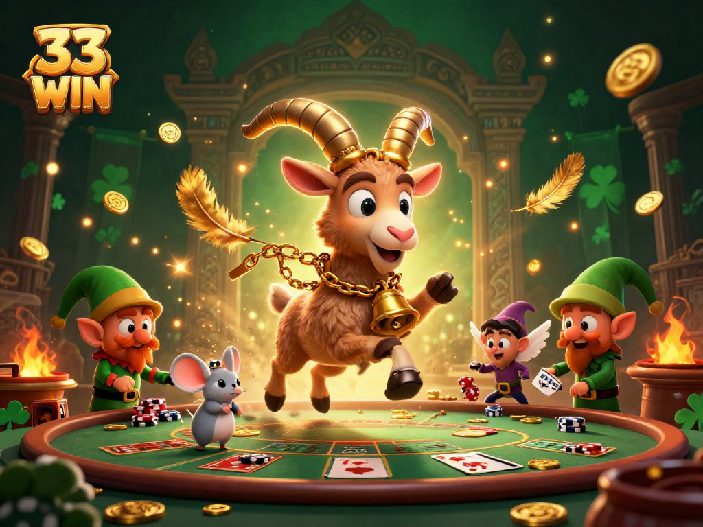 Experience the excitement at 33 WIN with a captivating illustration of casino characters amid swirling golden particles and vibrant elements.