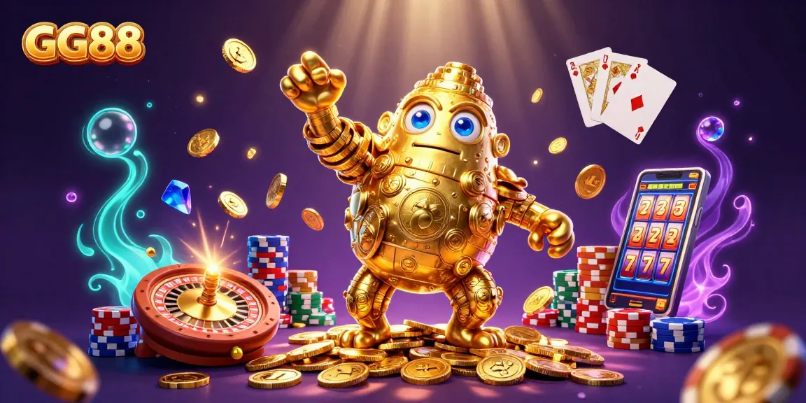 Engage with GG88's vibrant casino atmosphere featuring golden golem and animated gaming elements.