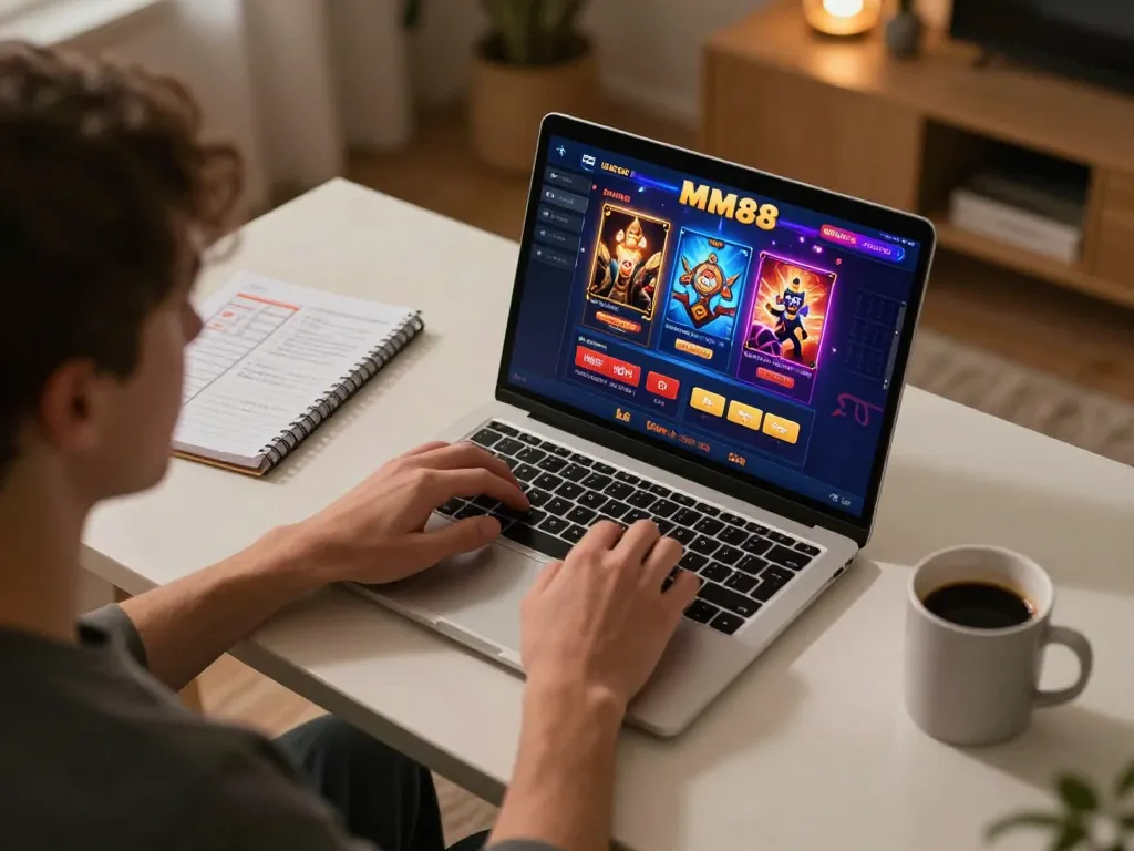 Player engaged in online casino gameplay on MM88 platform at home