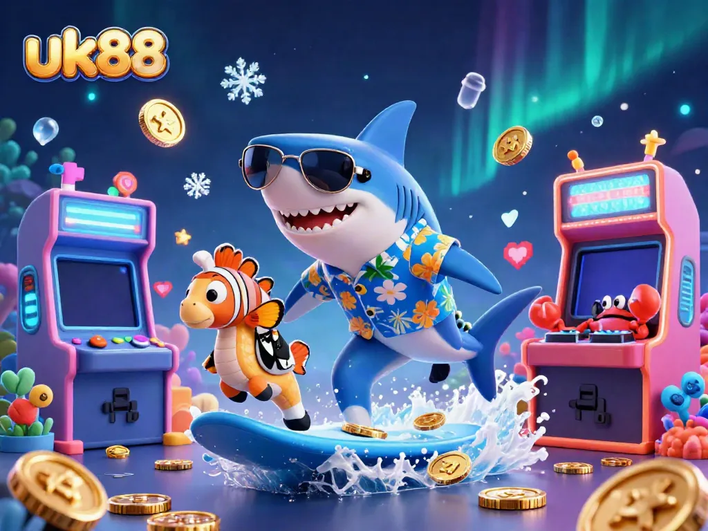 Experience thrilling gaming action with uk88, featuring a shark surfer, DJ crab, and vibrant casino elements.