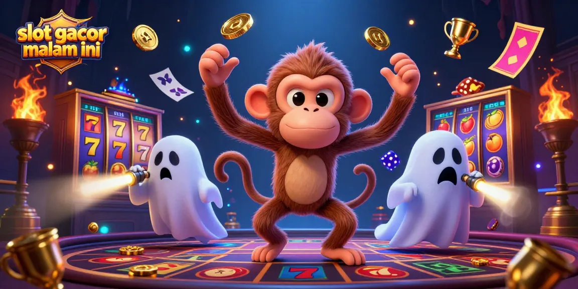 Immerse in slot gacor malam ini with a mischievous monkey juggling golden items in a haunted casino.