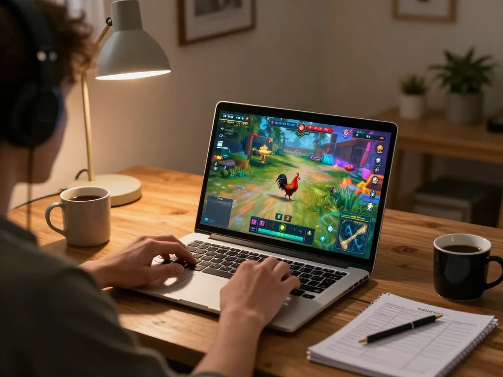 Engaging gameplay at Daga online casino, showcasing virtual cockfighting on a vibrant screen in a cozy home.