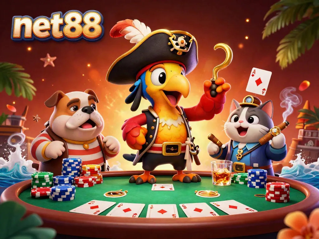 Engage with net88's exciting poker scene featuring a parrot captain and lively companions.