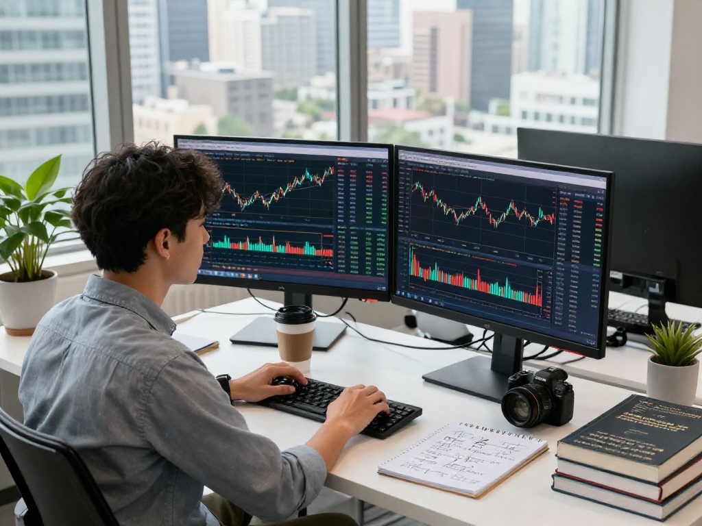 US stock tick data API integration in a modern trading environment with real-time market graphs, a focused developer, and vibrant city skyline.