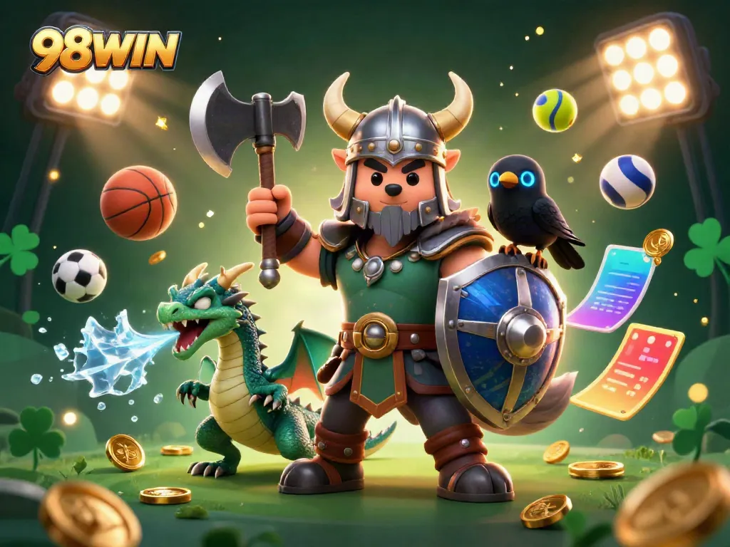 Engage with thrilling action at 98WIN with a vibrant casino scene featuring unique characters and dynamic elements.