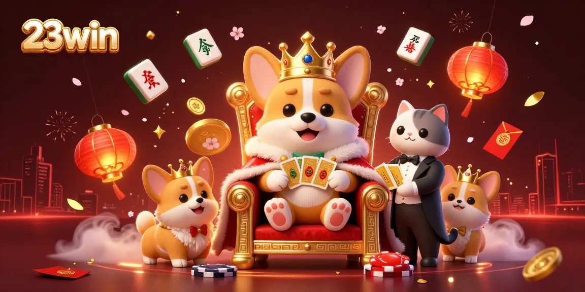 Experience the excitement of 23win with a vibrant illustration of a royal corgi commanding poker chips.