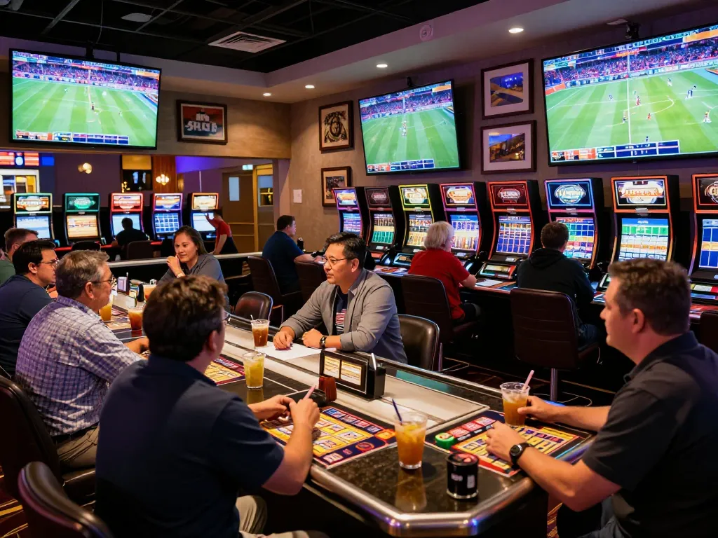 Engaged patrons placing sports bets at keonhacaii lounge with live screens