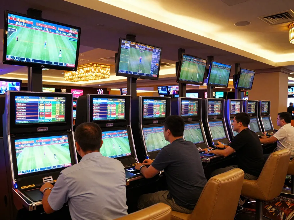 Engaged bettors analyzing kèo nhà cái in a lively sports betting area of a modern casino