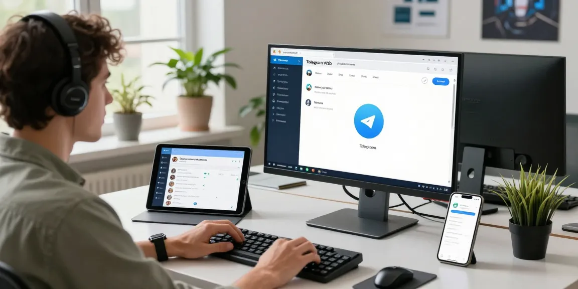 Engaging with Telegram Web Version on a modern office setup, showcasing productivity.