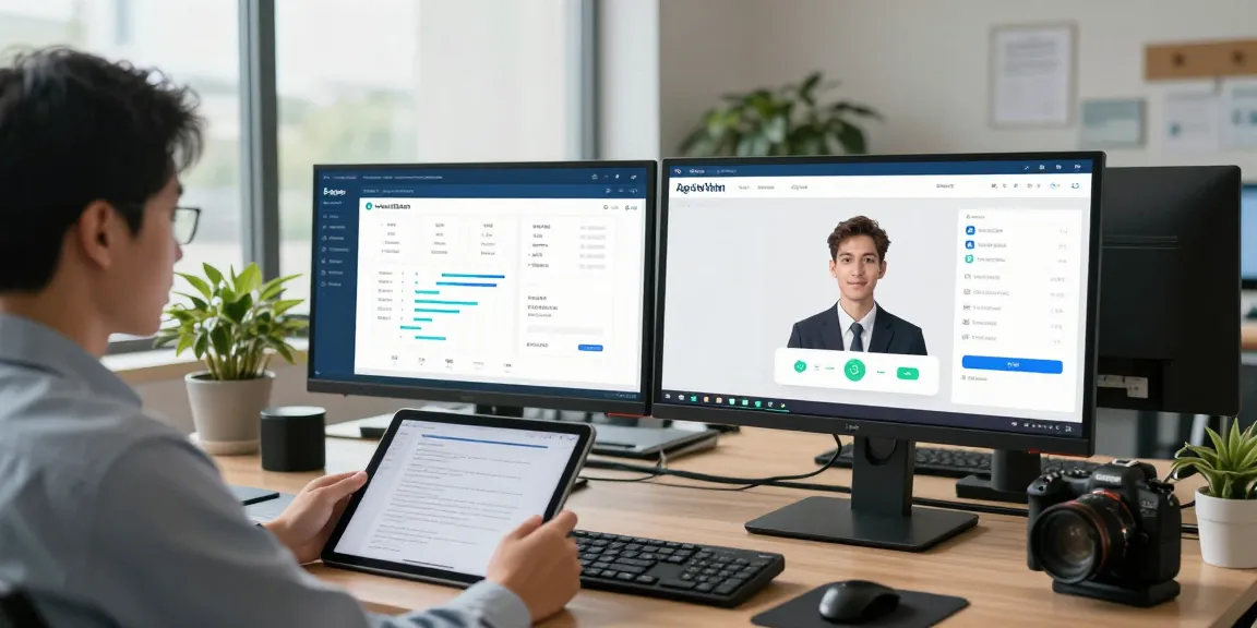 Age verification system user engaging with biometric checks in a modern tech workspace.