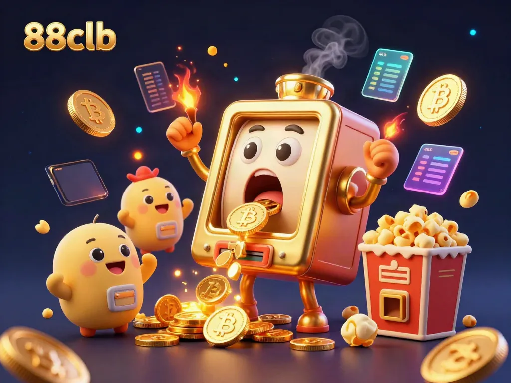 Experience the excitement of 88clb with a golden slot machine hitting a jackpot, surrounded by cheering baby slots and crypto coins.