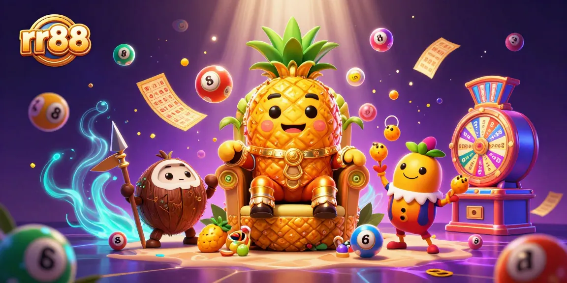 Engage with rr88's vibrant casino experience featuring a golden pineapple king and playful elements.