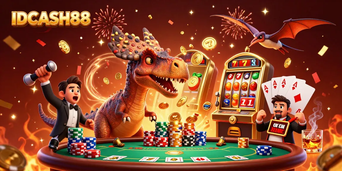 IDCASH88 jackpot celebration with quirky dinosaurs at a vibrant casino scene.