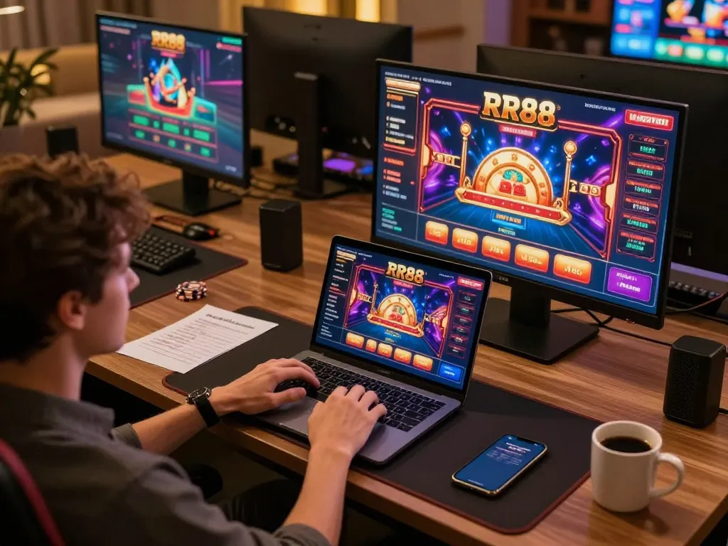 Engaged player enjoying RR88 online casino game, showcasing vibrant gaming interface and comfortable setup