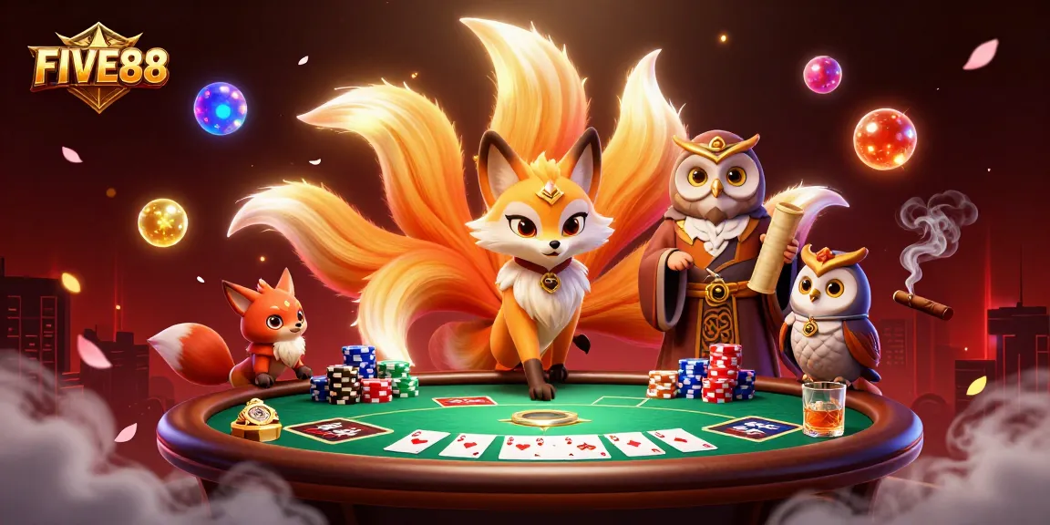 Experience the dazzling world of FIVE88 with colorful poker elements and mystical characters in a vibrant casino setting.