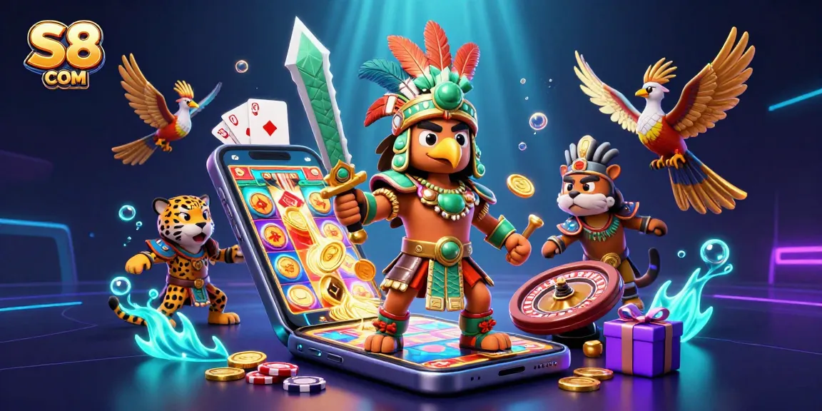 Experience the excitement of S8 COM with Aztec warriors and casino game elements.
