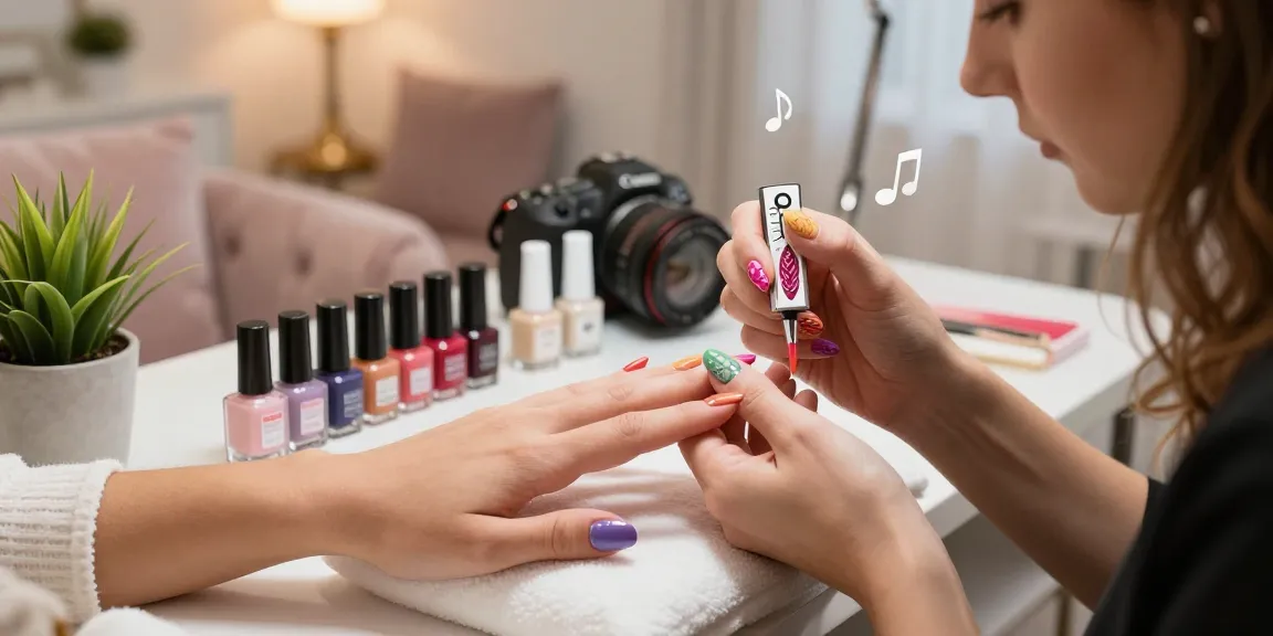 Stylist kuku mengaplikasikan desain LUXURY 12 pada kuku klien di salon yang mewah.