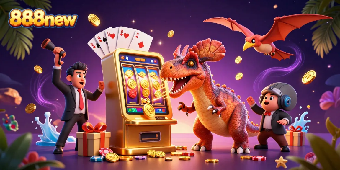 Experience the thrilling action of 888new with a dinosaur hitting a slot machine, catching coins!