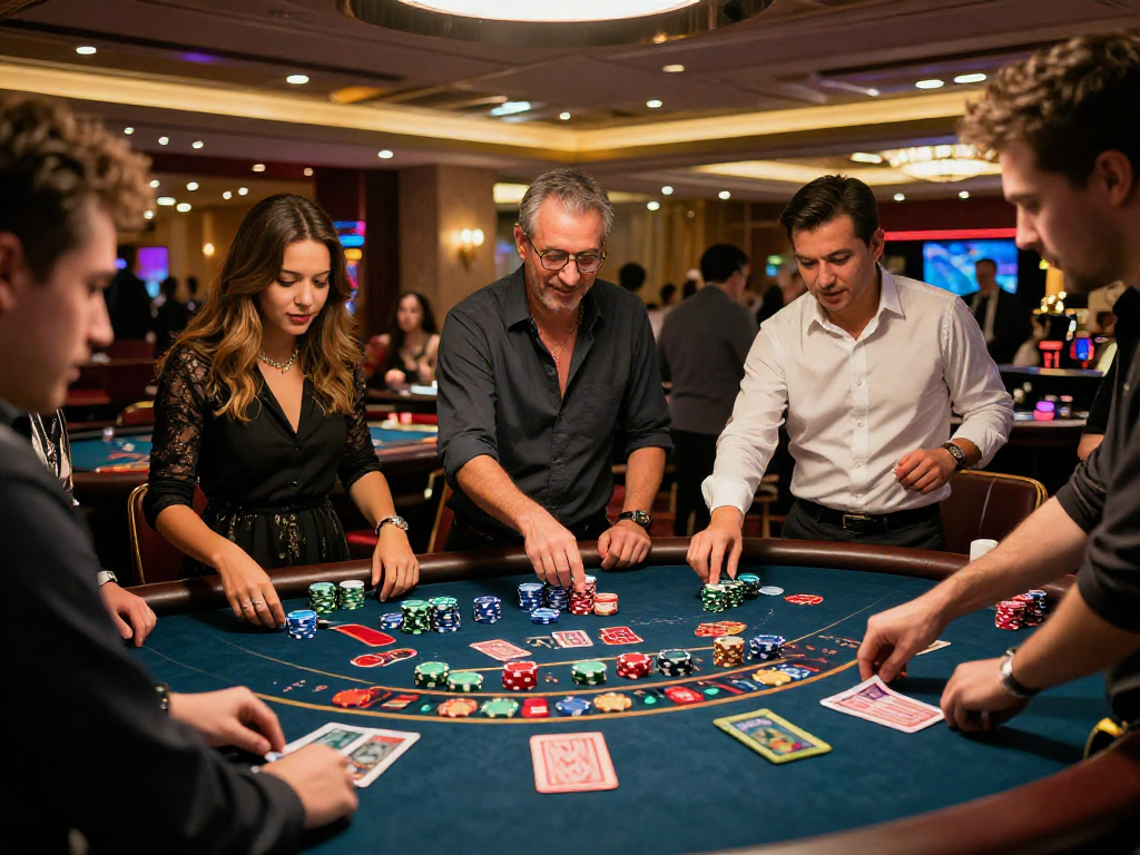 Giocatori emozionati in un casinò sicuro non AAMS con tavolo da blackjack e fiches colorate.