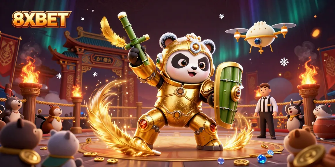 Experience the excitement of 8XBET with a golden panda in a vibrant casino arena.