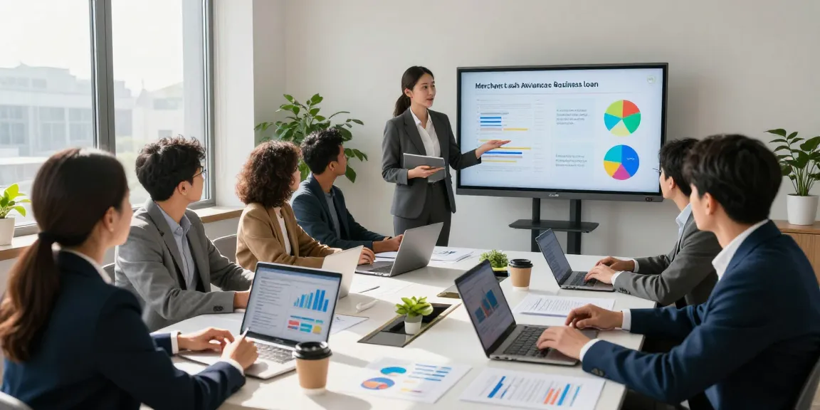Team analyzing merchant cash advance vs business loan in modern office setting, showcasing collaboration and strategic insights.