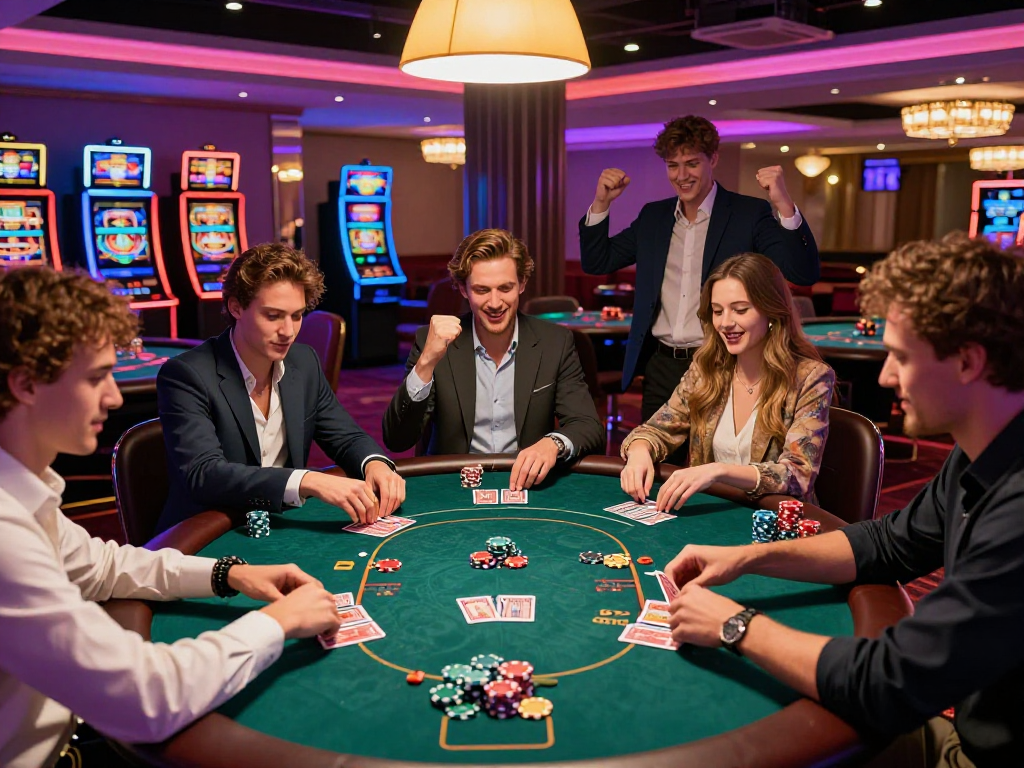 Un gruppo di amici gioioso gioca a poker in un casinò, evidenziando l'esperienza nei casinò sicuri non AAMS.