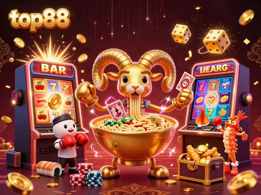 Experience top88 gaming action with a dynamic casino scene featuring vibrant characters and slot machines.