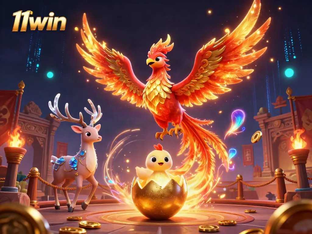 Experience excitement at 11win with a dynamic illustration showcasing a fire phoenix and a mystical stag amidst casino elements.