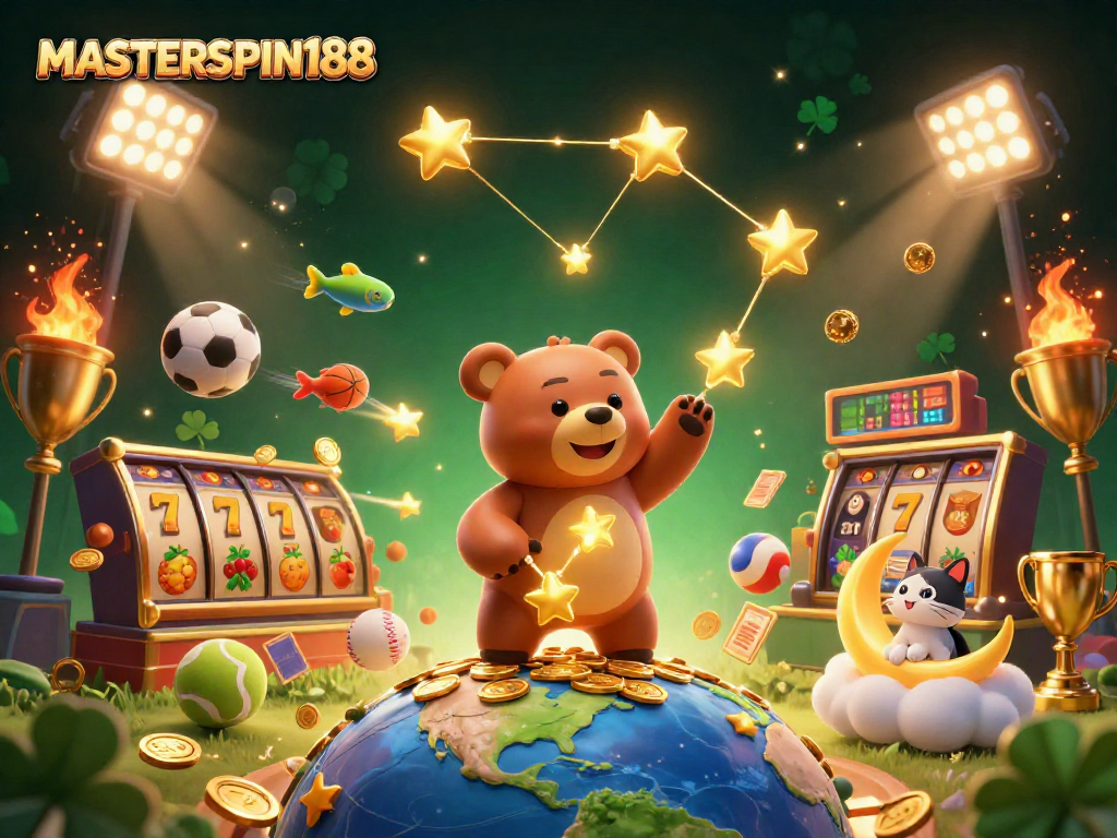Hit the jackpot with MASTERSPIN188 in this vibrant 3D casino illustration showcasing exciting slot reels.