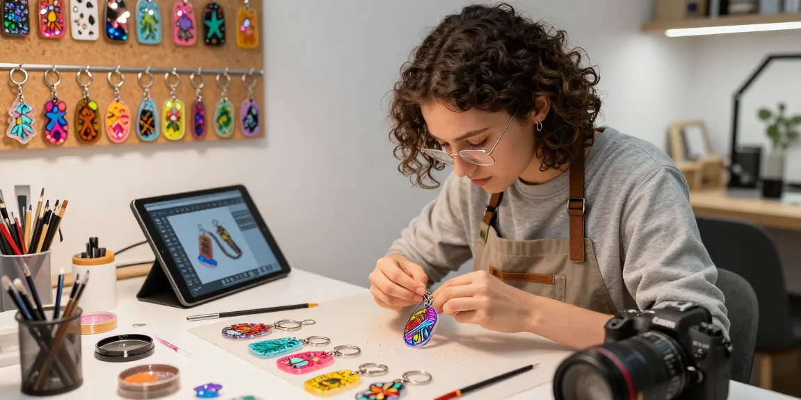 Crafting custom keychains with unique designs in a vibrant workshop setting.