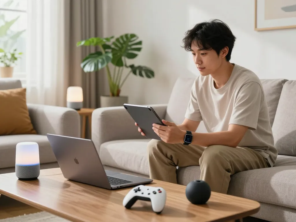 Smart tech gadgets in a modern living room highlighting convenience and integration.