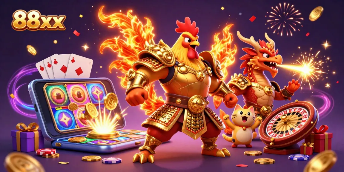 Engage in dynamic gaming with 88xx, featuring a fighting rooster, dragon hatchling, and vibrant slot elements.