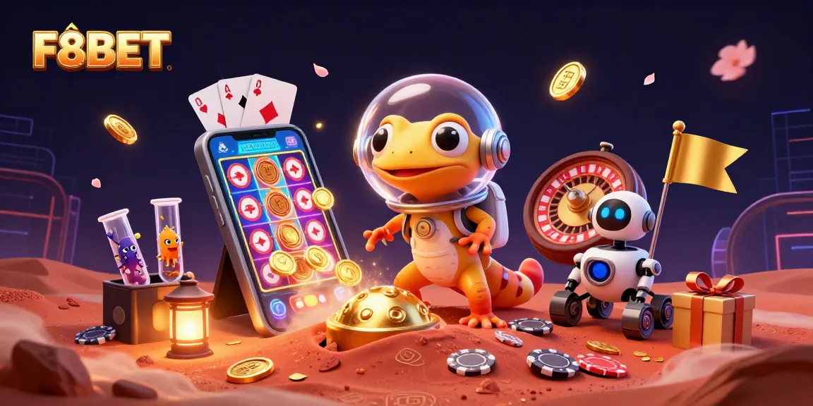 F8BET elevates gaming with a Martian gecko discovering a golden casino amidst cosmic cheer.
