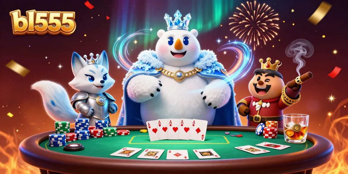 Experience thrilling gameplay with bl555, featuring a majestic ice king polar bear and snow fox at a lively poker table.