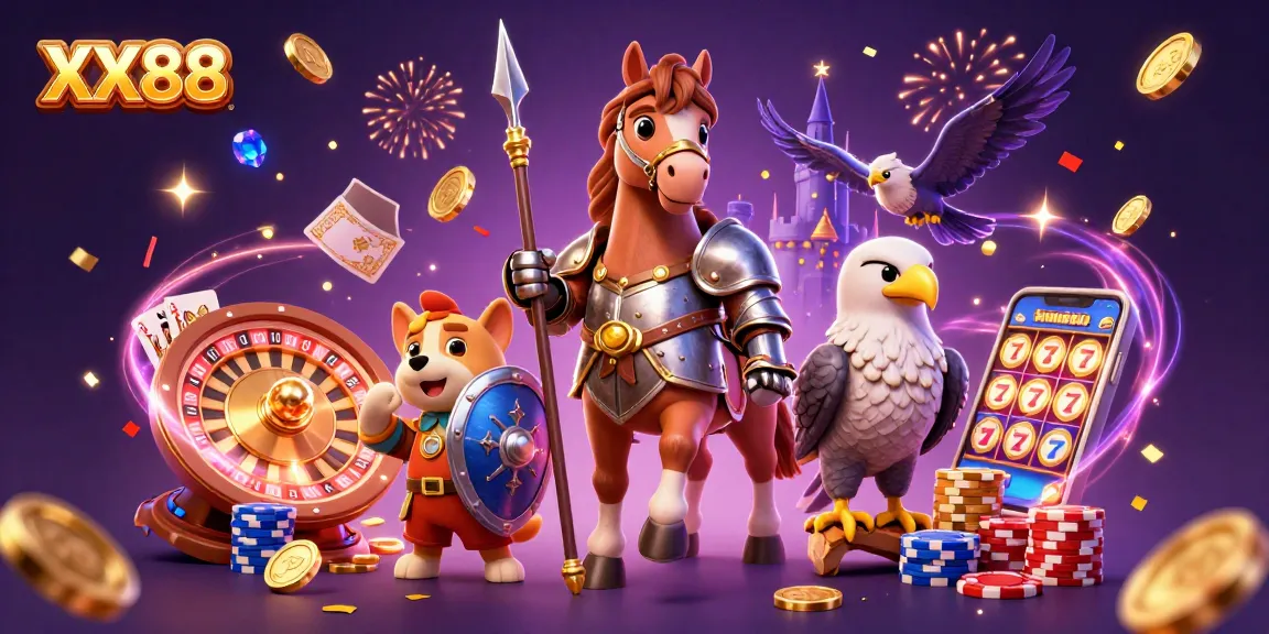 Win big at XX88 with this vibrant 3D casino scene featuring knights, coins, and games.