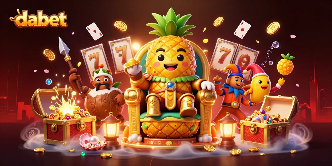 dabet features a golden pineapple king in a lively casino scene surrounded by treasures and playful elements.