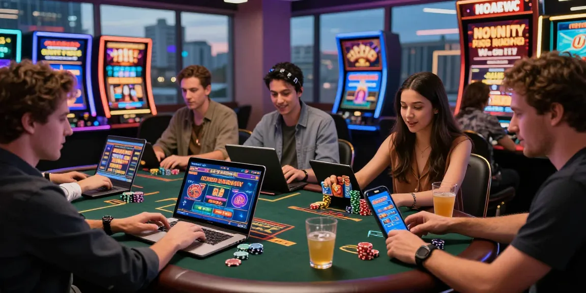 Scena dinamica di giocatori di casino non aams che partecipano a giochi dal vivo con dispositivi moderni e un'atmosfera vibrante.