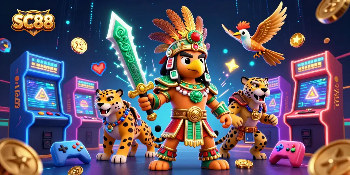 Engage with SC88's vibrant gaming world as warriors battle for casino riches in this dynamic 3D illustration.