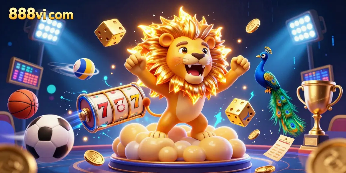 Experience thrilling gameplay at 888vi com with vibrant casino-themed 3D illustrations.