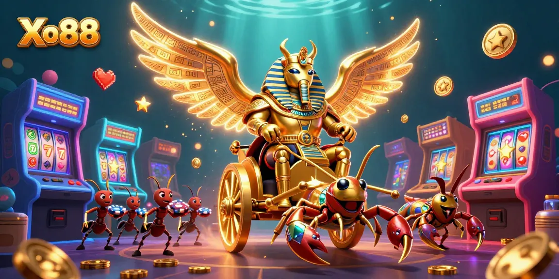 Xo88 features a golden scarab beetle and scorpions in this vibrant casino scene, highlighting slot machines.