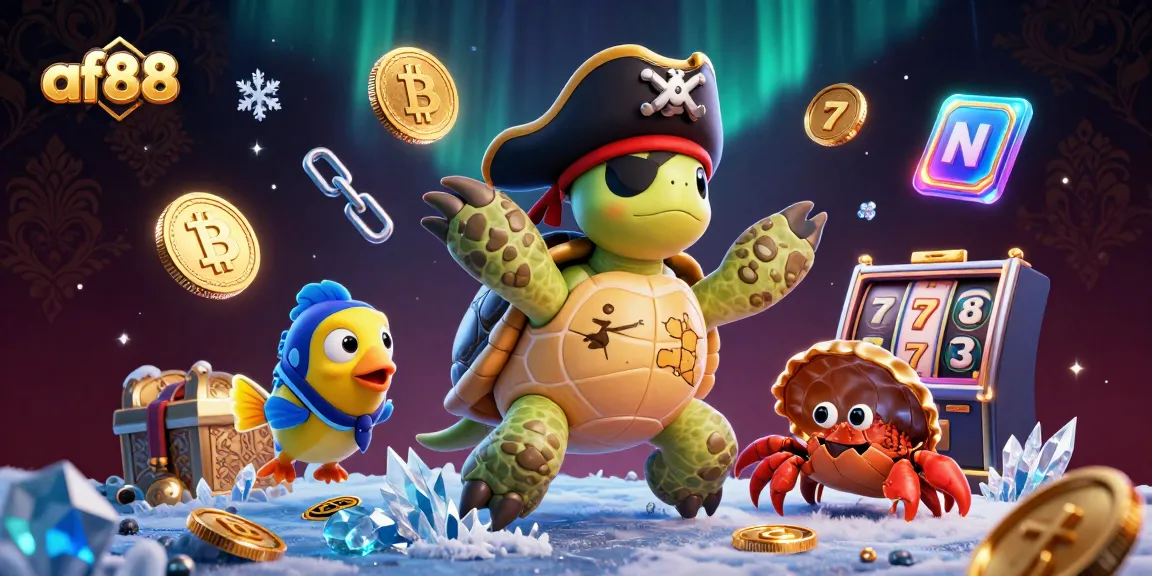 Experience thrilling gameplay with af88 as a cartoon turtle leads treasures, Bitcoin and neon slot elements.