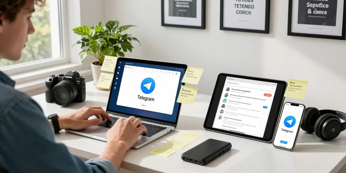 Engagement with telegramin-cn.com on multiple devices in a modern tech workspace.